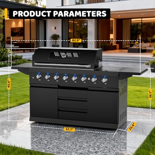 CT Copper Tailor 83-inch Outdoor Kitchen BBQ Gas Grill Island, 6 Main Burners, Infrared Rear & Side Burner,99,000 BTU, Stainless Steel, Foldable Side Table, Double Storage Cabinets & 3 Drawers