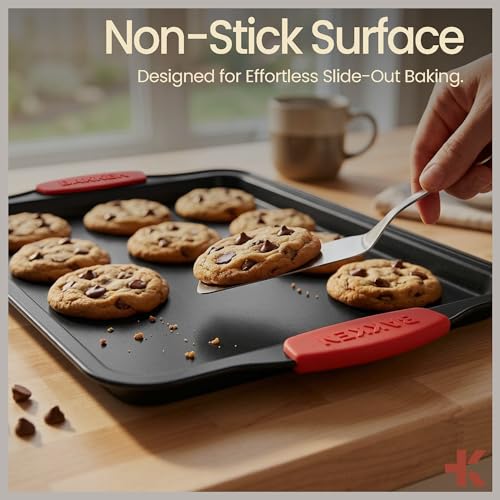 BAKKEN Kitchen Baking Pans - Medium (15.15 × 10.03") and Large (17.1 x 11.8") Nonstick Sheets, Carbon Steel Cookie Sheets with Red Silicone Handles, PFOA, PFOS, PTFE Free, Oven Safe (450°F), Set of 2