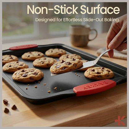 BAKKEN Kitchen Baking Pans - Medium (15.15 × 10.03") and Large (17.1 x 11.8") Nonstick Sheets, Carbon Steel Cookie Sheets with Red Silicone Handles, PFOA, PFOS, PTFE Free, Oven Safe (450°F), Set of 2