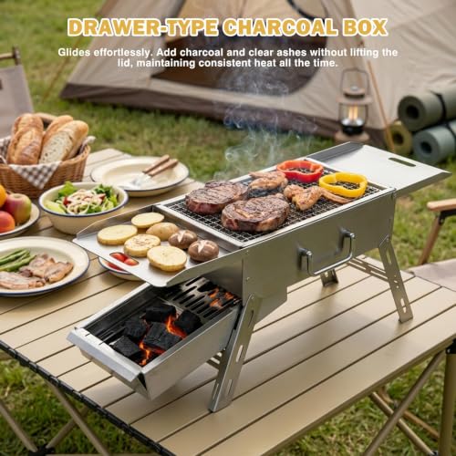 Zarkind Portable Tabletop Charcoal Grill, Foldable Stainless Steel Mini BBQ Grill with Carry Bag, Lightweight Small Camping Picnic Travel Tailgating Patio Grill
