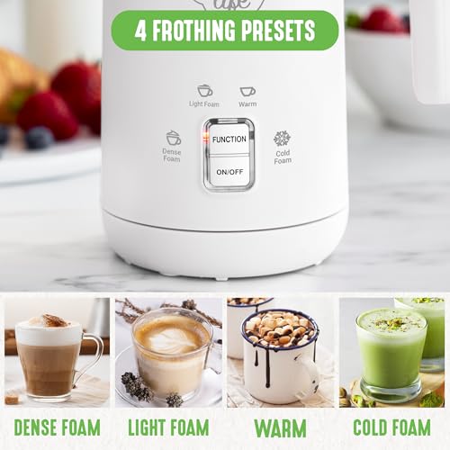 GreenLife Ceramic Electric Milk Frother, 10oz, 4-in-1, Auto Hot and Cold Foam, Dense and Light Foam, PFAS Free, Cordless Milk Warmer and Steamer for Latte, Coffee, White