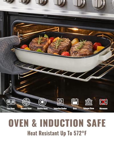 MCCSI Roasting Pan for Oven with Rack 6-Piece Enamel Lasagna Baking Dishes Set 14&17 Inch, 572°F High Temperature Resistance Dishwasher Safe Non-Stick Deep Turkey Roaster Pan Mothers Day Gift Bakeware