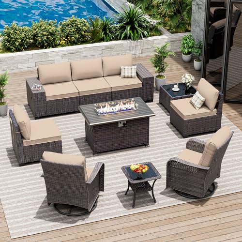 ASJMR 10 Pieces Patio Furniture Set with 2 Swivel Chairs Patio Furniture Outdoor Sectional Sofas with 55000 Gas Fire Pit Patio Conversation Set w/7 Cushions-Brown