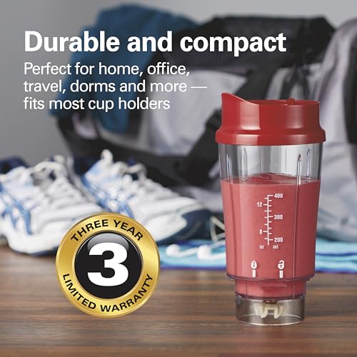 Hamilton Beach Portable Blender for Shakes and Smoothies, 14 Oz BPA Free Travel Cup & Lid, Durable Stainless Steel Blades, Personal Smoothie Blender, Red (51101RV)