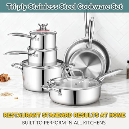 P&P CHEF 3-Ply Stainless Steel Cookware Set of 6, 10-Pieces Pots and Pans Sets Stainless Steel for Kitchen, Induction Multi Cooktops & Oven, Dishwasher Safe, Frying Pans, Saucepans, Saute Pan & Pot