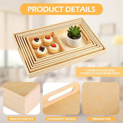 Aodaer 7 Pieces Wooden Trays, Wooden Nested Serving Trays, Rectangular Shape Wood Serving Tray with Handles for Kitchen Party Dinner Snacks