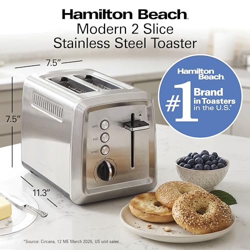 Hamilton Beach 2 Slice Toaster with Extra-Wide Slots, Bagel Setting, Toast Boost, Slide-Out Crumb Tray, Auto-Shutoff & Cancel Button, Defrost Function, Stainless Steel (22794)