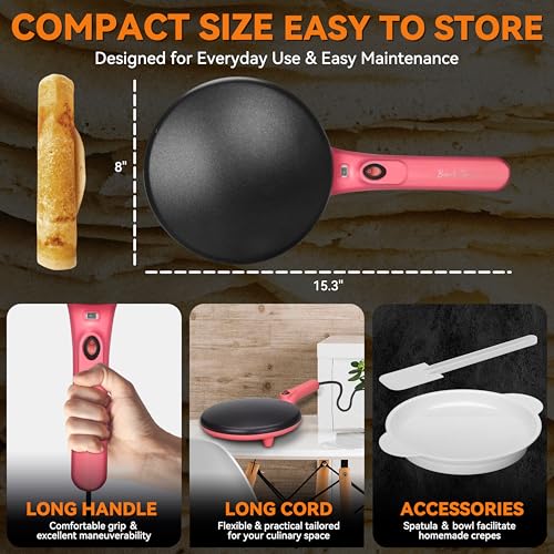 Baker's Friend Instant Crepe Maker with Handle, Electric Crepe Maker Machine, Crepera Electrica, 8 Inch Non-stick Cooking Surface, Raspberry Red