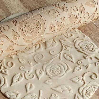 Ragyzity Wooden Embossed Rolling Pin for Baking, Rose Flower Embossed Engraved Carved Rolling Pin, Wooden Roll Pin Laser Engraved Rolling Pin DIY Tool for Making Cookie Dough Crusts Pies Pastry