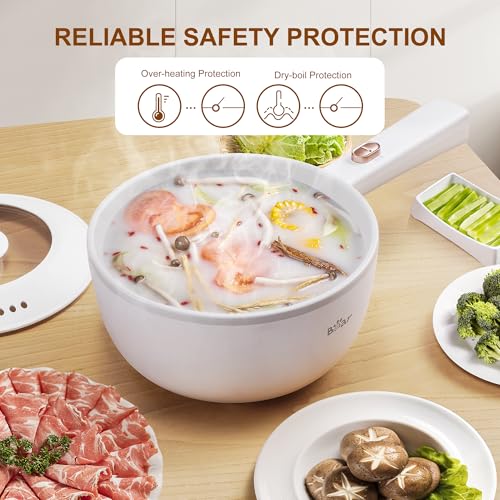 Bear Hot Pot Electric, 2L Multifunctional Portable Cooking Pot, 1000W Rapid Noodles Electric, Non-Stick Frying Pans for Steak, Egg, Ramen, Oatmeal With Dual Power Adjustment