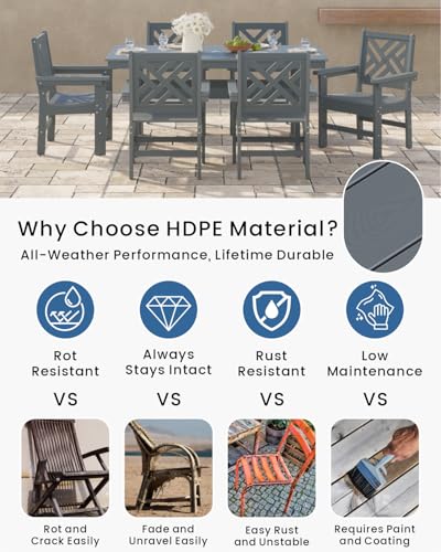 BIVODA 7-Piece Outdoor Dining Set, HDPE All-Weather Patio Table and Chairs Set for 6, Outdoor Patio Furniture Sets with Umbrella Hole for Outside, Deck, Backyard, Garden (Grey)