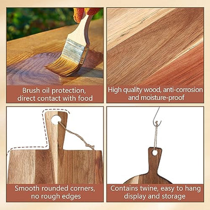 Hsei 2 Pcs Acacia Wood Cutting Board with Handle Wooden Charcuterie Board Large Paddle Carving Chopping Set Butter Serving Tray for Cheese Meat Fruit Pizza Bread Baking(Classic Handle)