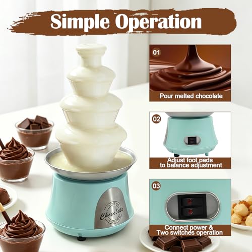 Chocolate Fountain Machine 4 Tier, 180W Chocolate Fountain with Capability 2.2lbs Commercial Hot Chocolate Fondue Tower for Nacho Cheese Liqueurs Party Wedding (Blue+Silver)