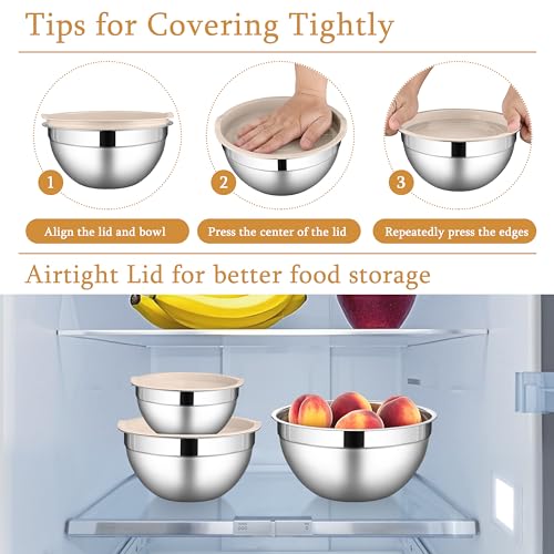 LIANYU Mixing Bowls with Airtight Lids Sets, 3 Packs Stainless Steel Metal Mixing Bowls, Ideal for Prepping, Cooking, Storage, Serving, Freezer & Dishwasher Safe, Khaki