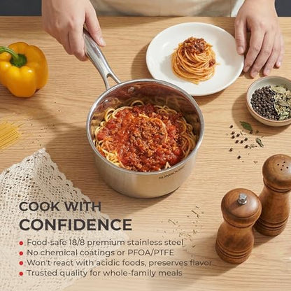 Sunhouse 2 Quart Sauce Pan with Lid, Tri-Ply Stainless Steel Saucepan with Full-Clad Base, Small Pot for Cooking, PFOA-Free, Professional Induction Ready Cookware