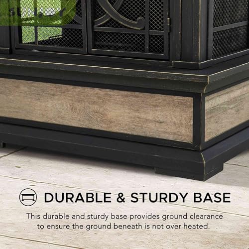Sunjoy Outdoor Fireplace, Stone Look Tile Patio Wood Burning Steel Fireplace with Chimney, Spark Screen, Fire Poker, Rain Cover, and Removable Grate, Black with Golden Highlight