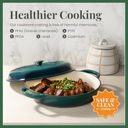 Larder & Vine Enameled Cast Iron Braiser | 3.6 qt Braiser Pan with Lid | Shallow Dutch Oven Compatible on All Cooktops | Casserole Dish Oven Safe to 500° F | Dual Handles | Bondi