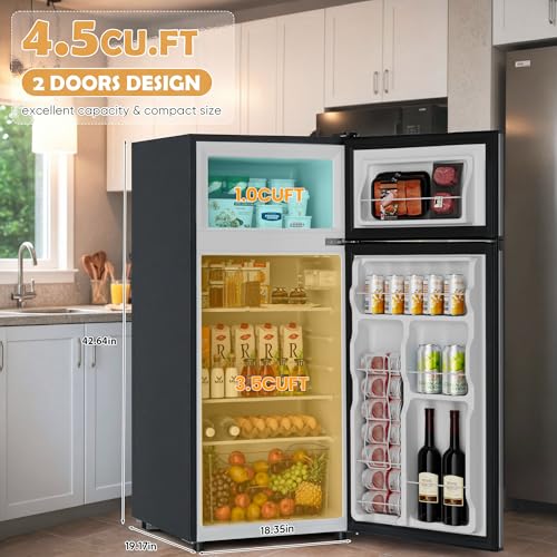 Manastin 4.5 Cu.Ft Mini Fridge with Freezer, 2-Door Small Refrigerator with 7-Level Adjustable Thermostat, Quiet Compact Fridge for Bedroom, Apartment, Dorm, Office 1-piece