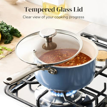Redchef Ceramic Stock Pots Set 5QT, Sauce Pan with Lids(2.5QT/3.5QT), Induction Cooking Pot Set,Ceramic Pots with Stay Cool Handle, Nonstick Cookware Set, PTFE/PFASFree, Dishwasher/Oven Safe (Blue)