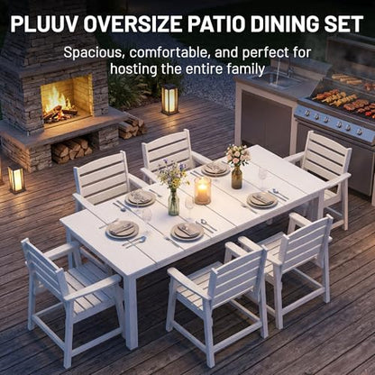PLUUV 7-Piece Outdoor Patio Dining Set, All-Weather HDPE Dining Furniture Set with Umbrella Hole Cut-Out Table, Aluminum Table Legs, and 6 Chairs, Waterproof & Easy Clean for Backyard, Garden, White