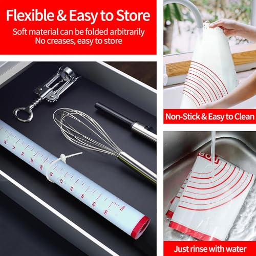 Silicone Baking Mat Super Large, 32x24 inch Silicone Pastry Non Stick Kneading Mat with Cable Ties and Dough Scraper, Measurement Food Grade Silicone Mat for Rolling Dough
