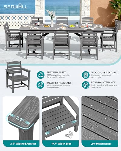 SERWALL Outdoor HDPE Dining Chairs Set of 2 with Arms & Widended Seat,Gray