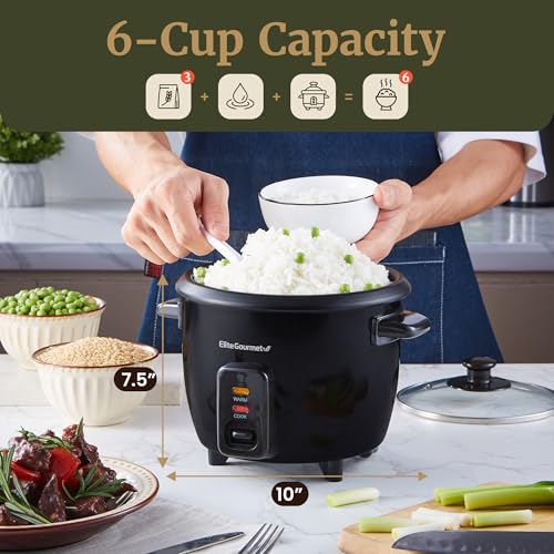 Elite Gourmet Electric Rice Cooker with Steam Tray and Non-Stick Inner Pot Makes Soups, Stews, Grains, Cereals, Keep Warm Feature, 6 Cups Cooked (3 Cups Uncooked), Black