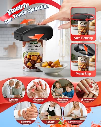 HuiJuKeJi LED Automatic Can Opener, Hands-Free One-Touch Operation Electric Can Opener, Auto-Stop Smooth Edge Safety & USB Rechargeable for Seniors Arthritis Effortless Opening Kitchen Gadget Gift