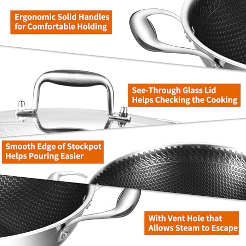 DELARLO Tri-Ply Stainless Steel Wok 13in Nonstick Deep Wok Pan with Lid,Stir-Fry Pans,5.5QT Cooking Pot induction Large woks,Compatible with All Cooktops Up to 550°F(Double Handle)