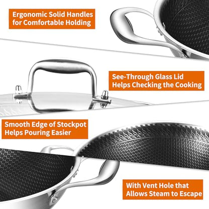 DELARLO Tri-Ply Stainless Steel Wok 13in Nonstick Deep Wok Pan with Lid,Stir-Fry Pans,5.5QT Cooking Pot induction Large woks,Compatible with All Cooktops Up to 550°F(Double Handle)