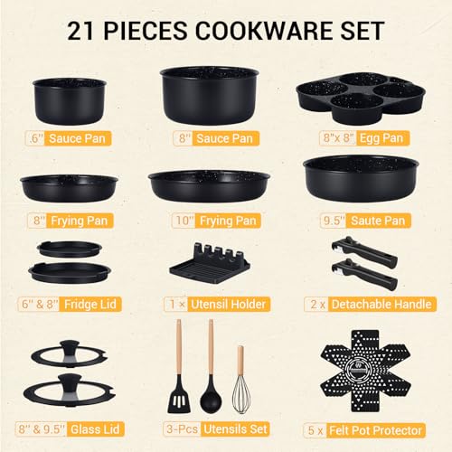 Ammeloo 21-Piece Ceramic Pots and Pans Set Non Stick with Detachable Handles and Egg Frying Pan, Non-Toxic Cookware, Induction Ready, Oven Safe, Stackable for Storage, Black Speckled