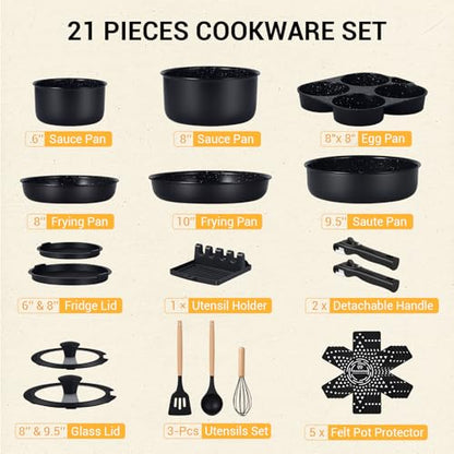 Ammeloo 21-Piece Ceramic Pots and Pans Set Non Stick with Detachable Handles and Egg Frying Pan, Non-Toxic Cookware, Induction Ready, Oven Safe, Stackable for Storage, Black Speckled