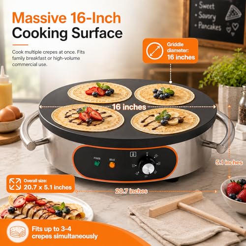 Treliamd Commercial Crepe Maker, Pancake Maker Machine, 16" Non-Stick 1500W Electric Crepe Machine Constant Temperature, Thickened Cast Iron Cooking Surface Pancakes Maker Griddle with Handle