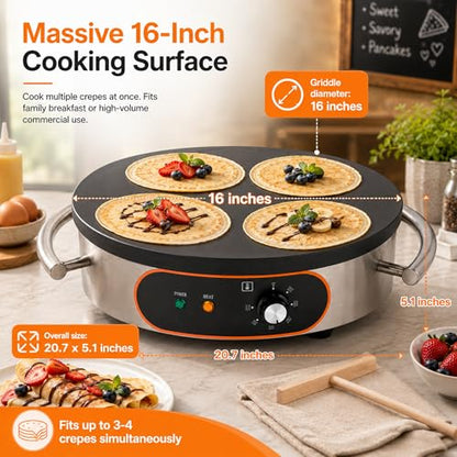 Treliamd Commercial Crepe Maker, Pancake Maker Machine, 16" Non-Stick 1500W Electric Crepe Machine Constant Temperature, Thickened Cast Iron Cooking Surface Pancakes Maker Griddle with Handle
