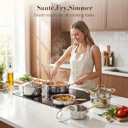 Stainless Steel Cookware Set, Tri-Ply Pots and Pans Set, 26 Piece Kitchen Cooking Utensils Set with Lids, Gold Grip Handles, Induction, Oven, Non-Toxic, Dishwasher Safe, Professional Chef Quality