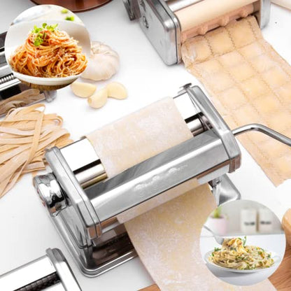 Pasta Maker Deluxe Set- Stainless Steel Machine w 3 Interchangeable Attachments- Make 5 Different Pastas- Spaghetti Fettuccini Angel Hair Ravioli Lasagnette- Durable Cutters for Adjustable Thicknesses