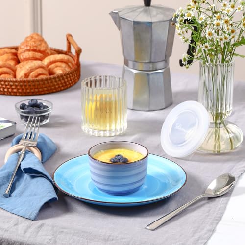 Selamica Ramekins with Lids 8 oz, Creme Brulee Ramekins Oven Safe, Souffle Dishes Porcelain Custard Cups for Baking, Small Bowls for Dipping, Pudding, Ice Cream, Set of 6, Gradient Blue