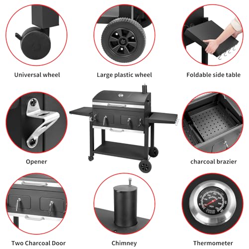 Kenadne Charcoal Grill Outdoor BBQ Grill, Extra Large Cooking Area 794 Square Inches with Two Adjustable & Individual Charcoal Tray, Foldable Side Tables for Outdoor Cooking grill Backyard