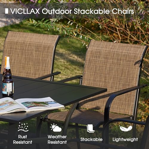 VICLLAX Large Patio Dining Furniture Set, Outdoor Dining Set for 10-60" Round Outdoor Table and Patio Stackable Chairs, Walnut Wood-Like Tabletop and Brown Fabric