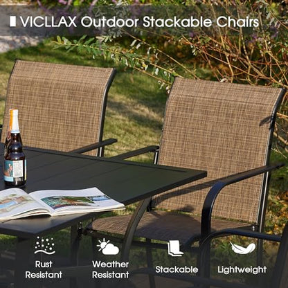 VICLLAX Large Patio Dining Furniture Set, Outdoor Dining Set for 10-60" Round Outdoor Table and Patio Stackable Chairs, Walnut Wood-Like Tabletop and Brown Fabric