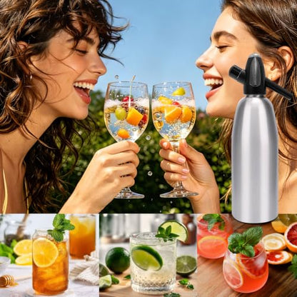 Soda Siphon, 1L Portable Seltzer Maker - Retro-Style Sparkling Water Machine for Homemade Carbonated Drinks, Juices & Cocktails, Uses 8g CO2 Cartridges (Cartridges Not Included) - Silver