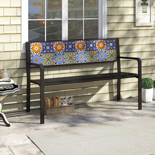 Tangkula 50" Metal Patio Park Bench, Modern Outdoor Classic Slatted Loveseat for 2-3 People with Curved Seat & Mosaic Backrest, Heavy-Duty Outdoor Seating for Backyard, Poolside, Porch