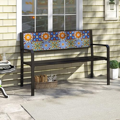 Tangkula 50" Metal Patio Park Bench, Modern Outdoor Classic Slatted Loveseat for 2-3 People with Curved Seat & Mosaic Backrest, Heavy-Duty Outdoor Seating for Backyard, Poolside, Porch