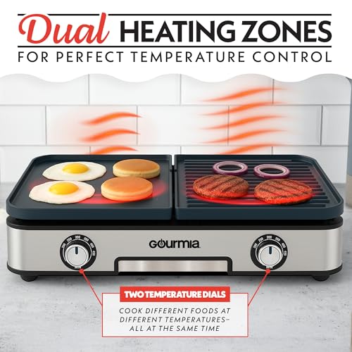 Gourmia 3-in-1 Indoor Grill & Griddle Electric Combo – Dual Independent Cooking Zones, Reversible Nonstick Ceramic Plates, XL Cooking Surface, 250–400°F Adjustable Temp, Dishwasher Safe