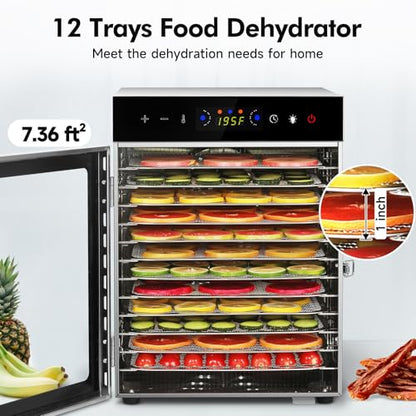 Food Dehydrator Machine 12 Stainless Steel Trays 1000W Meat Dehydrator for Home Use, 24H Timer & 195℉ Temperature Control Food Dryer for Jerky Fruit Herbs Mushroom Dog Treats