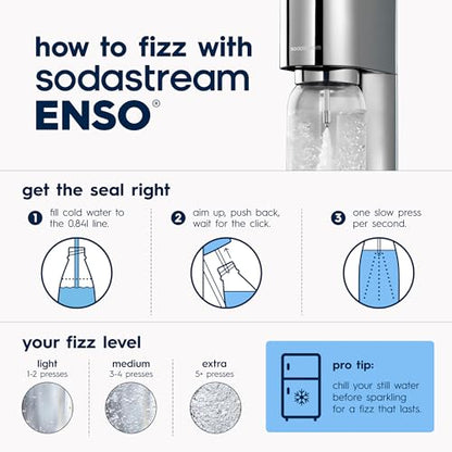 SodaStream ENSO Sparkling Water Maker, Stainless Steel Soda Maker, CQC CO2 System, Includes 1 Quick Connect 60L CO2 Cylinder, 1 Dishwasher Safe BPA Free Bottle, Make your own Pepsi, Silver