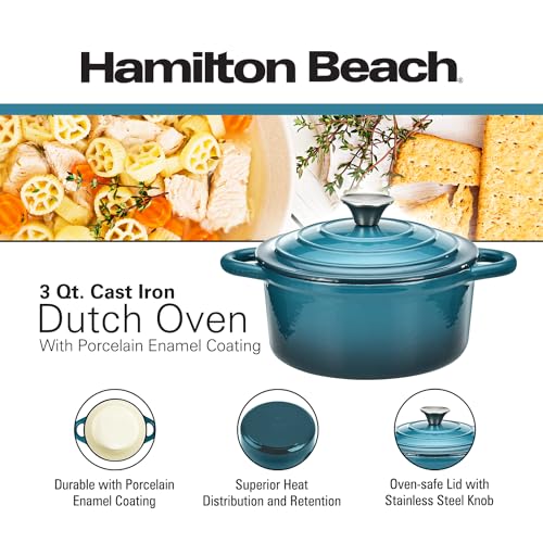 Hamilton Beach 3-Quart Enameled Cast Iron Dutch Oven, Navy with Cream Interior | Even Heat Distribution & Easy-Grip Handles | Ideal for Braising, Roasting,Stewing & Bread Baking