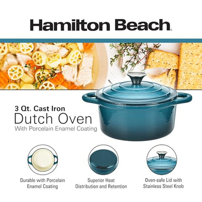 Hamilton Beach 3-Quart Enameled Cast Iron Dutch Oven, Navy with Cream Interior | Even Heat Distribution & Easy-Grip Handles | Ideal for Braising, Roasting,Stewing & Bread Baking