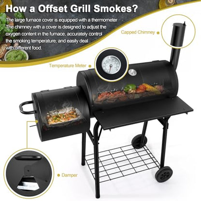 Barrel Charcoal Grill with offset Smoker(420.SQ.IN), Joyfair Large Outdoor BBQ Grills with Chimney Starter Set For Grilling, Smoking, Roasting, with Thermometer & Front Table, 6 S-Hooks & Clamp