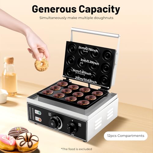 Donut Maker Machine,1550W Commercial Mini Doughnut Maker Machine with Non-Stick,Double-Sided Heating Waffle Machine Makes 12 Doughnuts in 1-5 Minutes,Temperature 122-572℉,for Restaurant,Home